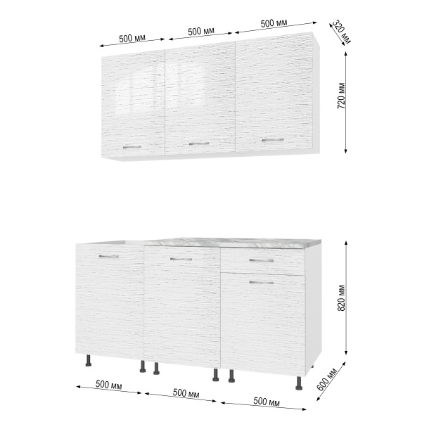 Кухня Компл.№2/1 БЕЛЫЙ СТРАЙП 1,5м (б/мойки)