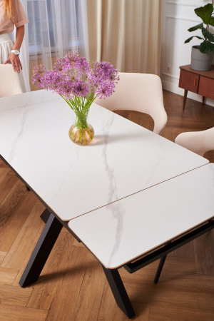 Стол Сумо-1С NEW 110х70 (+25+25) (царга Чёрный/МДФ+PVC Чёрный/White marble),нога №125Q черный